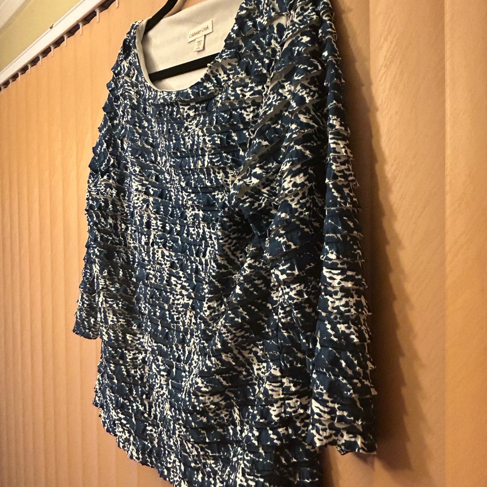 EUC Coldwater Creek Women''s Blue and White Ruffled Blouse
